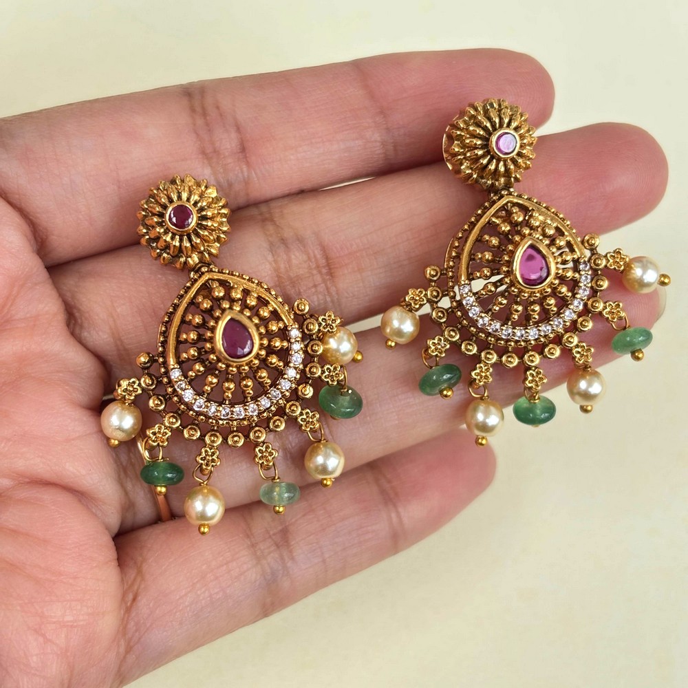 Handmade Brass Metal Jewellery Ruby Pearl Chandbali Earrings